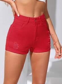 SHEIN PETITE 破洞卷邊牛仔短褲 - 紅色 - 查看 5