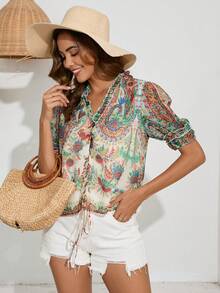 GENKIRA Veckad Remsa Framsida Knappar Blommig Stam- Boho Blus - Multifärgad - Visa 4