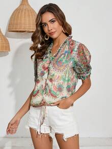 GENKIRA Veckad Remsa Framsida Knappar Blommig Stam- Boho Blus - Multifärgad - Visa 6