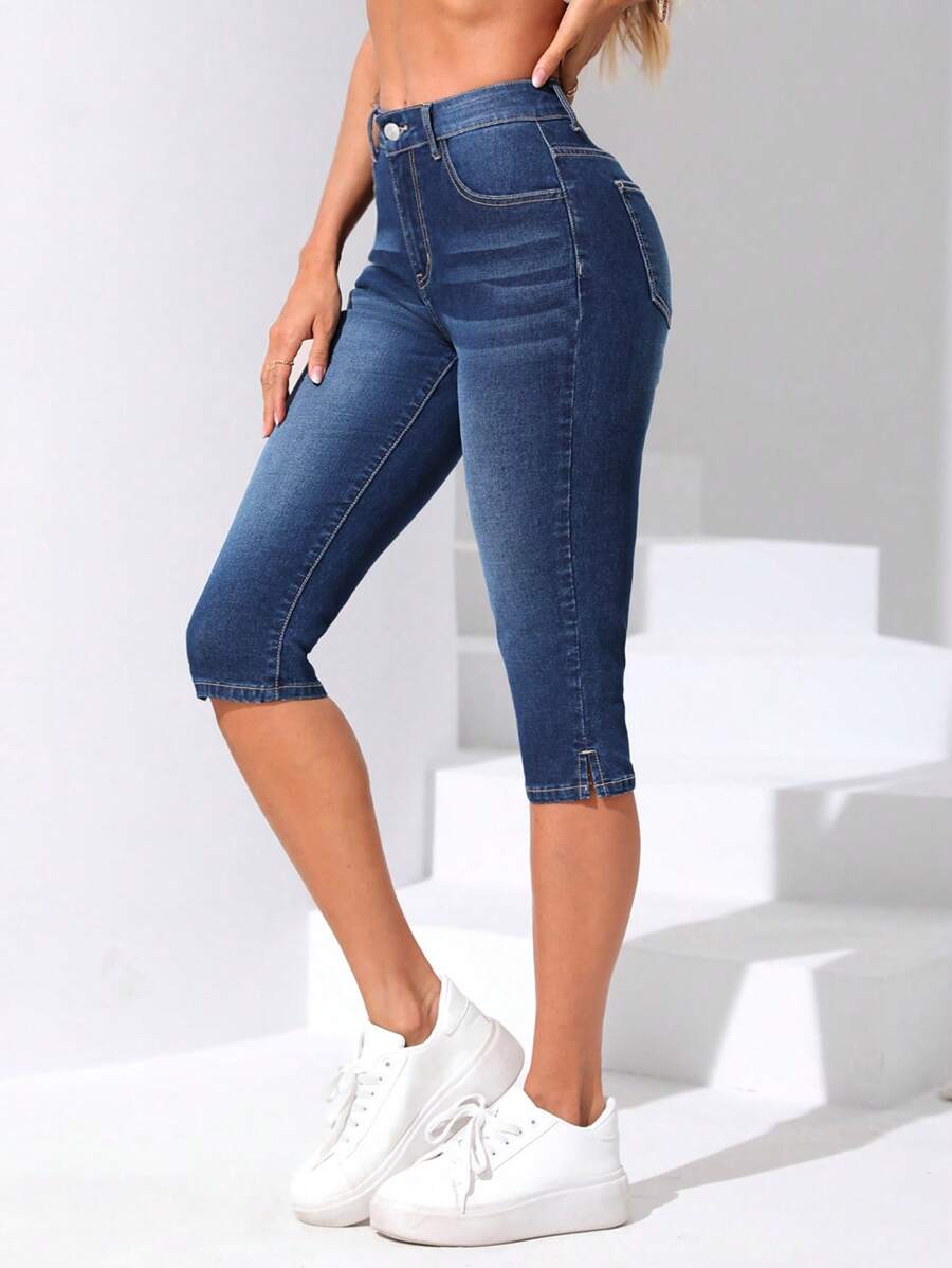 Quần jean nữ Nút Túi Dây kéo màu trơn - Rửa tối - Xem 1