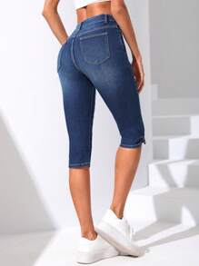 Quần jean nữ Nút Túi Dây kéo màu trơn - Rửa tối - Xem 2