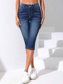 Quần jean nữ Nút Túi Dây kéo màu trơn - Rửa tối - Xem 3