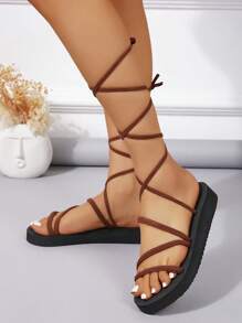 Women Criss Cross Tie Leg Flat Sandals, Funky Outdoor Faux Suede Strappy Sandals - Orange - View 1