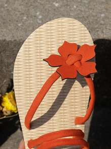 女式度假人字拖，人造麂皮貼花裝飾拖鞋 - 橘色 - 查看 5