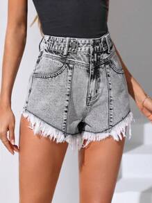 SHEIN Essnce 高腰毛邊牛仔短褲 - 灰色 - 查看 4