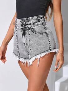 SHEIN Essnce 高腰毛邊牛仔短褲 - 灰色 - 查看 6