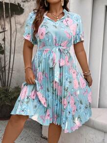 Celure Plus Floral Print Pleated Hem Belted Dress For Summer - Blue - View 2