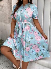 Celure Plus Floral Print Pleated Hem Belted Dress For Summer - Blue - View 1