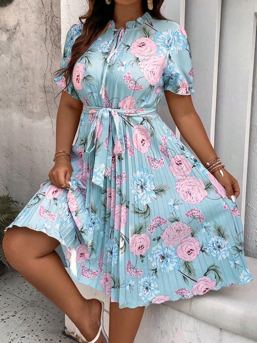 Celure Plus Floral Print Pleated Hem Belted Dress For Summer - Blue - View 1