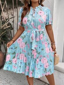 Celure Plus Floral Print Pleated Hem Belted Dress For Summer - Blue - View 4