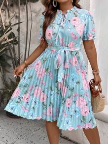 Celure Plus Floral Print Pleated Hem Belted Dress For Summer - Blue - View 5