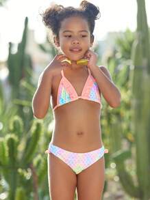 少女鱼鳞印花荷叶边比基尼套装 夏季沙滩 - 彩色 - 查看 4