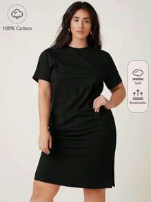 SHEIN BASICS 加大开叉下摆纯色 T 恤休闲晚宴约会连衣裙 - 黑色 - 查看 1