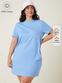 SHEIN BASICS Plus  Short Sleeve Solid Tee Dress - Baby Blue - View 5