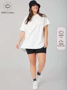 SHEIN BASICS Plus  Drop Shoulder Solid Tee/Summer - White - View 1