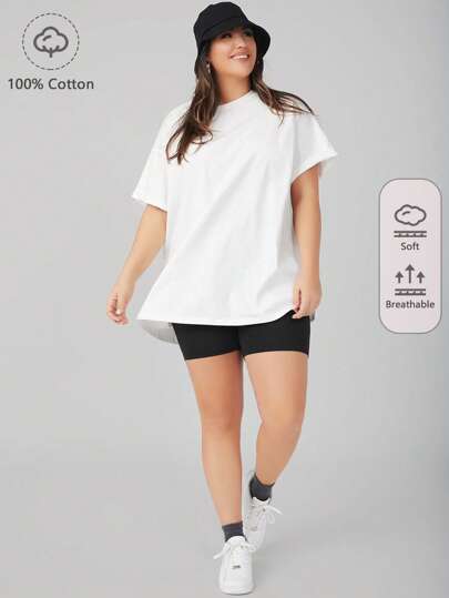 SHEIN BASICS Plus  Drop Shoulder Solid Tee Summer Top