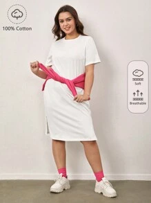 SHEIN BASICS 大碼素色開衩下擺連衣裙 - 白色 - 查看 1