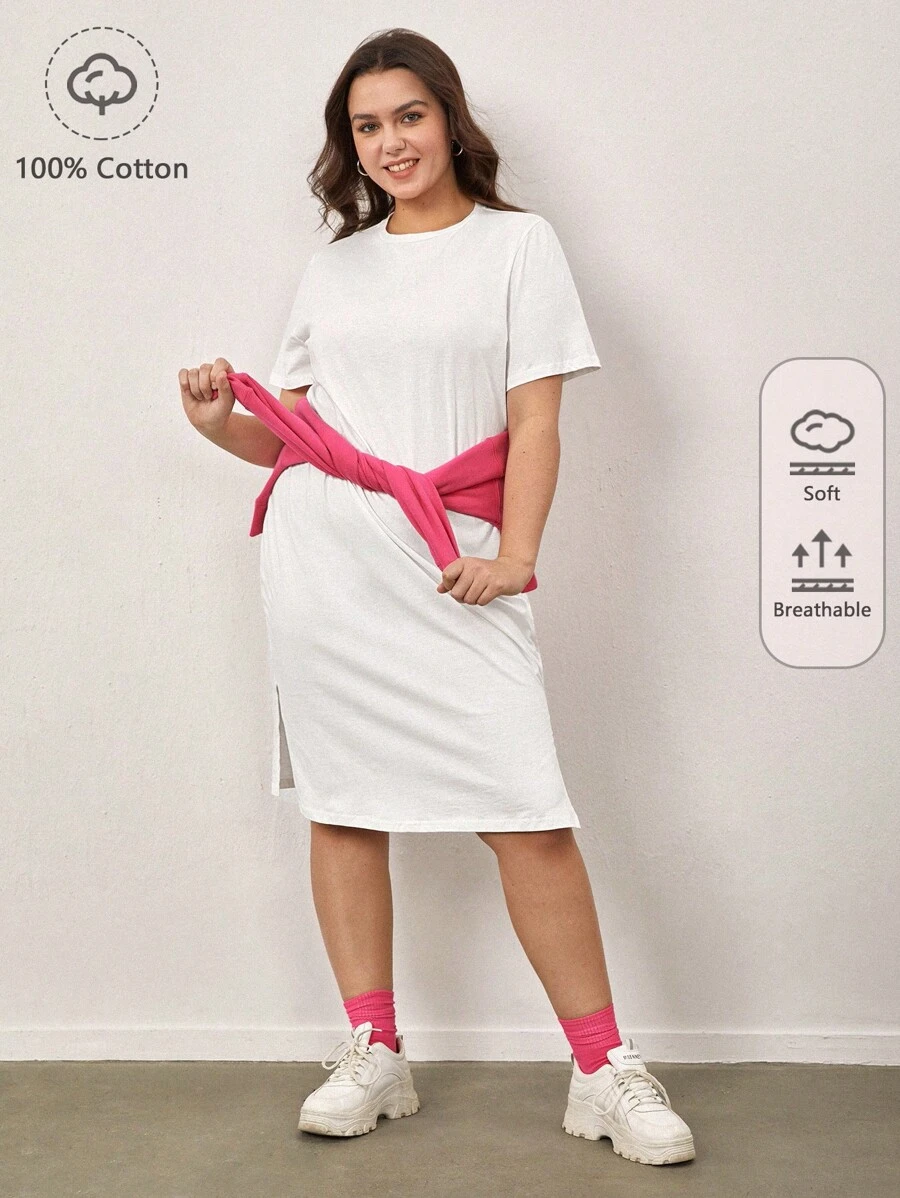 SHEIN BASICS 大碼素色開衩下擺連衣裙 - 白色 - 查看 1