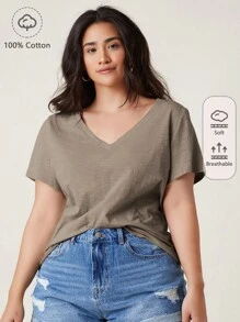 SHEIN BASICS Camiseta De Manga Corta Con Cuello En V Y Talla Grande Para Verano - Marrón Mocha - Ver 1