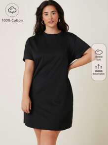 SHEIN BASICS 加大尺碼短袖純色t恤連衣裙 - 黑色 - 查看 1