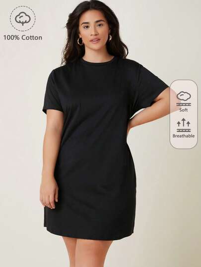 SHEIN BASICS Plus Kort Ärm Enfärgad T-shirt Klänning