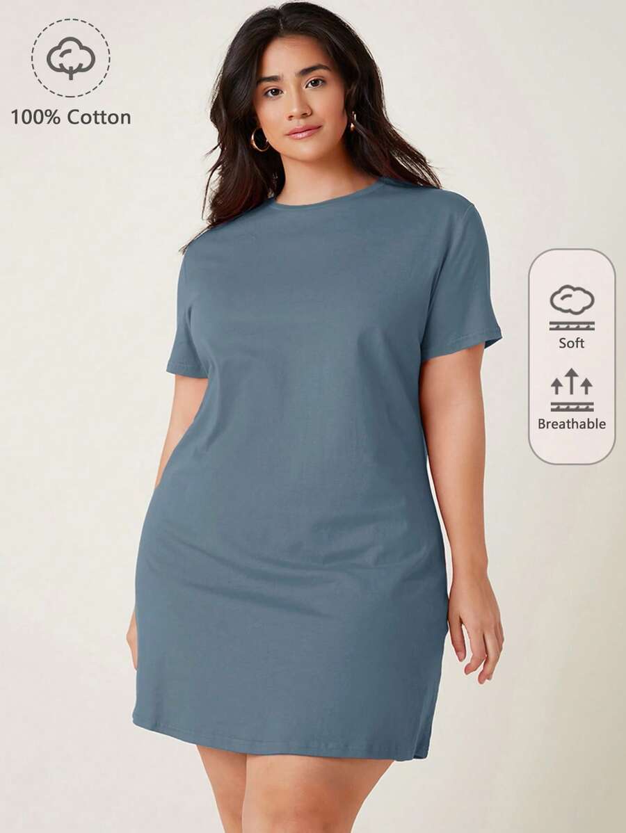 SHEIN BASICS Hơn Ngắn tay Váy  thun Chất rắn - Màu xanh bụi bặm - Xem 1