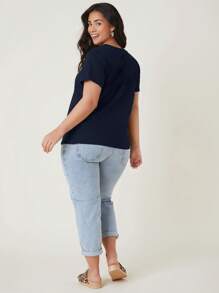 SHEIN BASICS Plus  V-Neck Solid Tee - Navy Blue - View 2