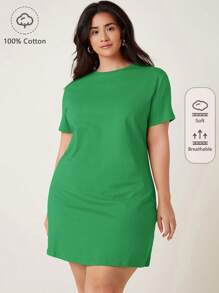 SHEIN BASICS Plus  Short Sleeve Solid Tee Dress - Green - View 1
