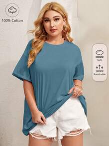SHEIN BASICS Camiseta De Hombro Caído Sólido Para Mujer De Talla Grande - Neblina azul - Ver 1
