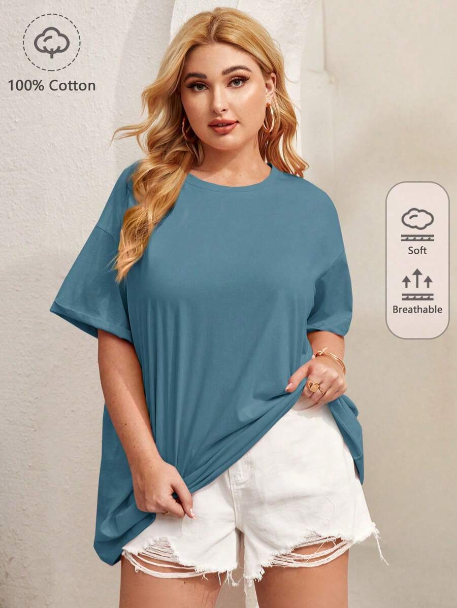 SHEIN BASICS Camiseta De Hombro Caído Sólido Para Mujer De Talla Grande - Neblina azul - Ver 1