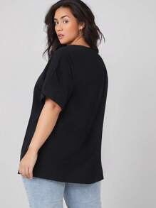 SHEIN BASICS Camiseta De Talla Grande Con Dobladillo Enrollado Y En Color Sólido - Negro - Ver 2