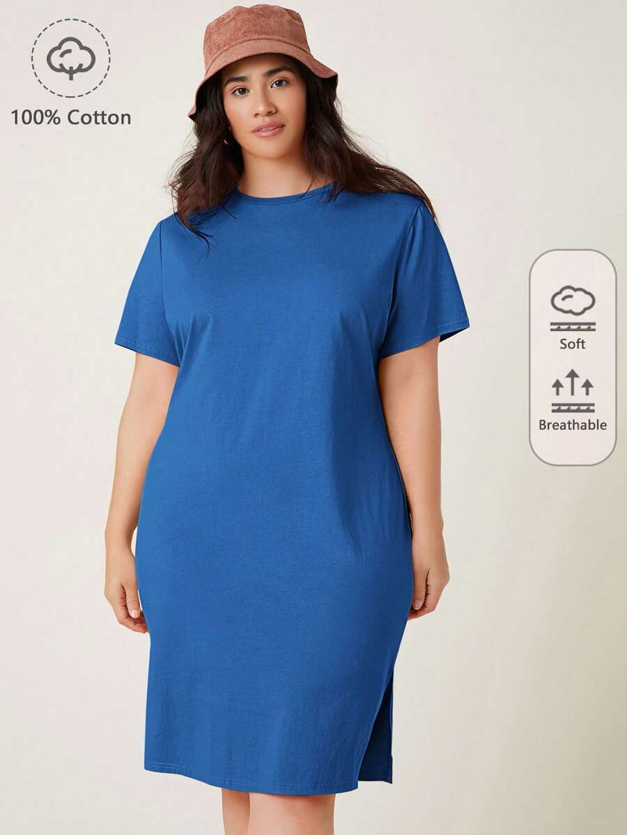 SHEIN BASICS Plus Size Solid Split Hem Dress - Blue - View 1