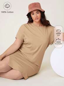 SHEIN BASICS 大碼素色開衩下擺連衣裙 - 卡其色 - 查看 1