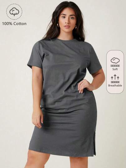 SHEIN BASICS Vestido De Camiseta De Dobladillo Dividido Sólido Plus