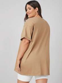 SHEIN BASICS Plus Size Roll Up Sleeve Solid Tee - Khaki - View 2
