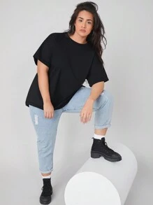 SHEIN BASICS Camiseta De Talla Grande Con Dobladillo Enrollado Y En Color Sólido - Negro - Ver 3