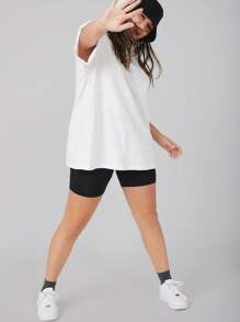 SHEIN BASICS Plus  Drop Shoulder Solid Tee/Summer - White - View 3