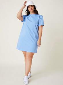 SHEIN BASICS Plus  Short Sleeve Solid Tee Dress - Baby Blue - View 3