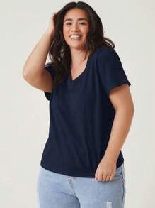 SHEIN BASICS Plus  V-Neck Solid Tee - Navy Blue - View 4