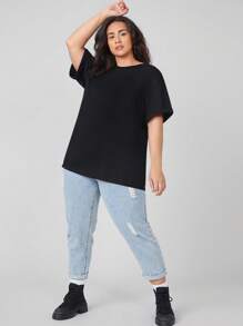 SHEIN BASICS Camiseta De Talla Grande Con Dobladillo Enrollado Y En Color Sólido - Negro - Ver 5