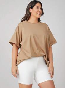SHEIN BASICS Plus Size Roll Up Sleeve Solid Tee - Khaki - View 5