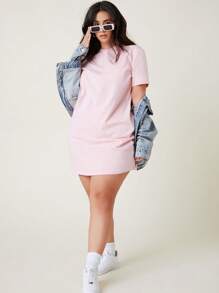 SHEIN BASICS Vestido Tipo Camisa De Manga Corta Y Color Sólido Para Tallas Grandes - Rosa Pálido - Ver 4