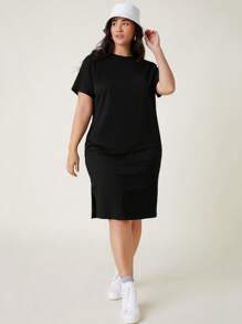 SHEIN BASICS 加大开叉下摆纯色 T 恤休闲晚宴约会连衣裙 - 黑色 - 查看 4