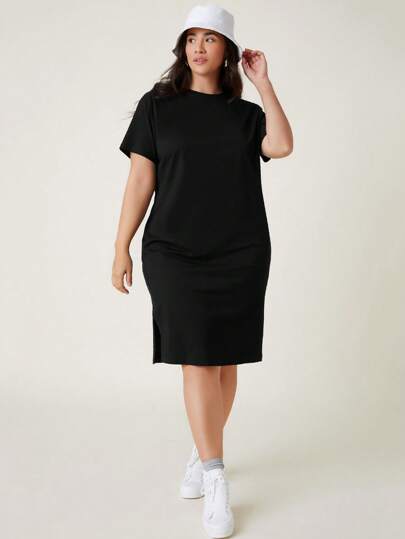 SHEIN BASICS 加大开叉下摆纯色 T 恤休闲晚宴约会连衣裙