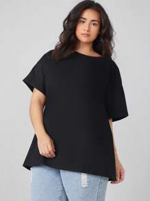 SHEIN BASICS Camiseta De Talla Grande Con Dobladillo Enrollado Y En Color Sólido - Negro - Ver 6