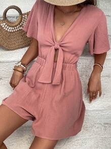 SHEIN Frenchy 前打結蝴蝶袖連身短褲 - 藕粉色 - 查看 1