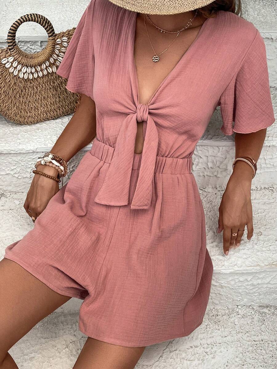 SHEIN Frenchy Mono con nudo delantero de manga mariposa - Rosa vieja - Ver 1