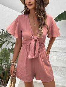 SHEIN Frenchy 前打結蝴蝶袖連身短褲 - 藕粉色 - 查看 3