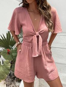 SHEIN Frenchy 前打結蝴蝶袖連身短褲 - 藕粉色 - 查看 4