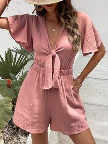 SHEIN Frenchy 前打結蝴蝶袖連身短褲 - 藕粉色 - 查看 5